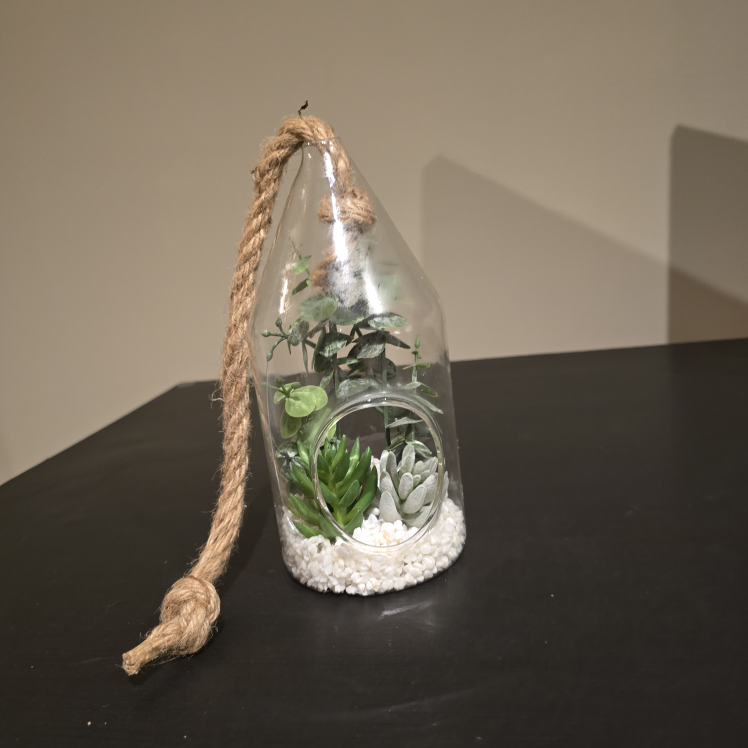 Glass Hanging Planter with Artificial Succulents - photo 2