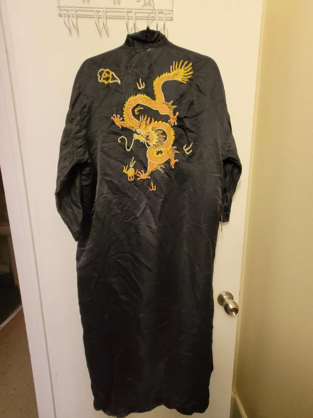 Vintage Black Silk Kimono Robe with Dragon Embroidery image indicator(2)