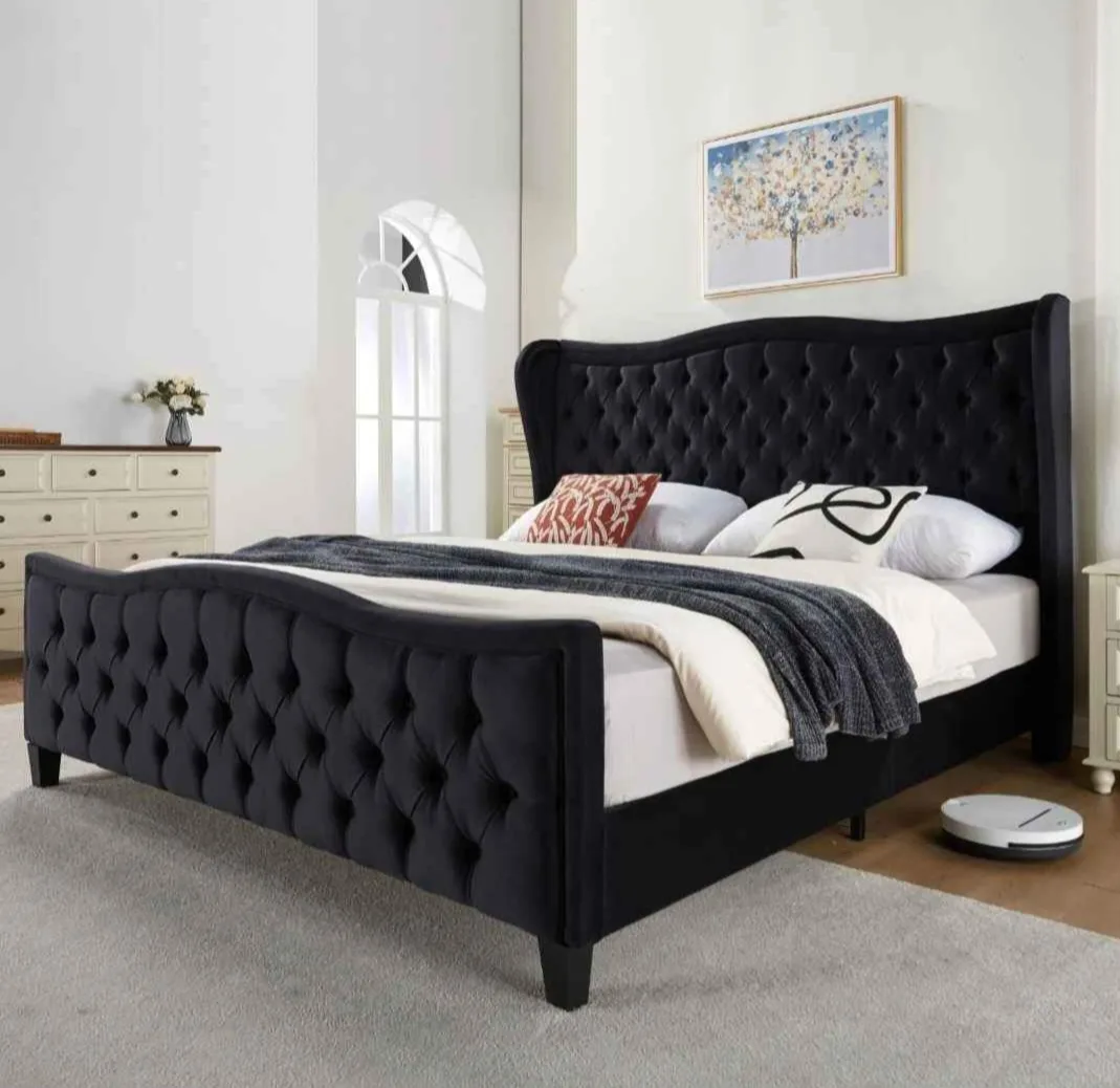 King Size Black Velvet Wingback Bed Frame image indicator(2)