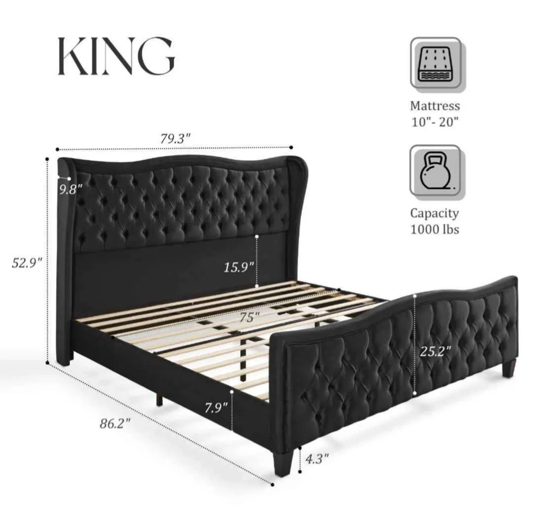 King Size Black Velvet Wingback Bed Frame image indicator(6)