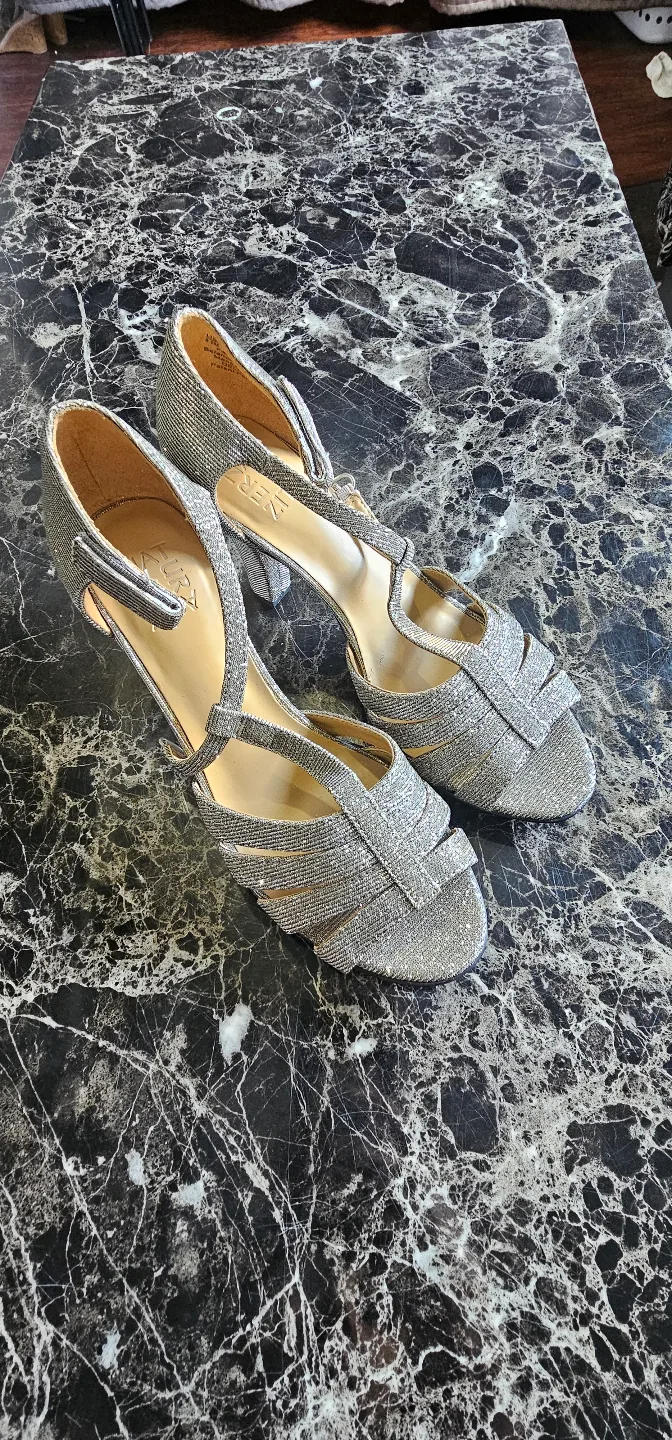 Silver Glitter T-Strap Heels thumbnail
