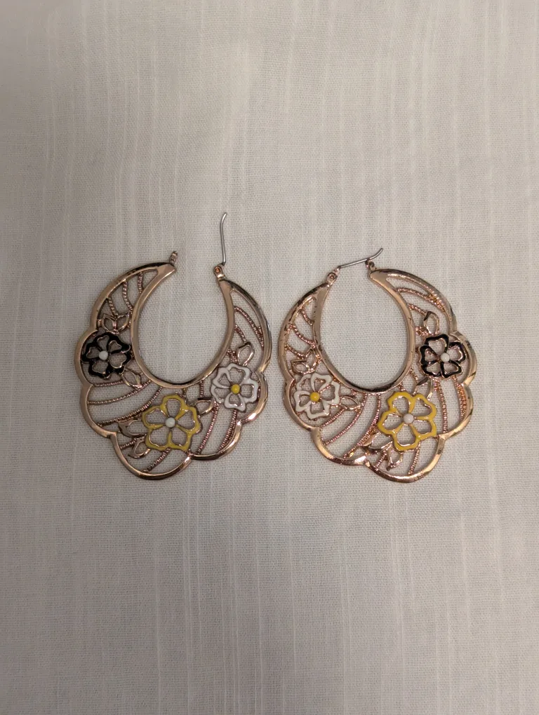 Rose Gold  tone Floral Hoop Earrings image indicator(4)