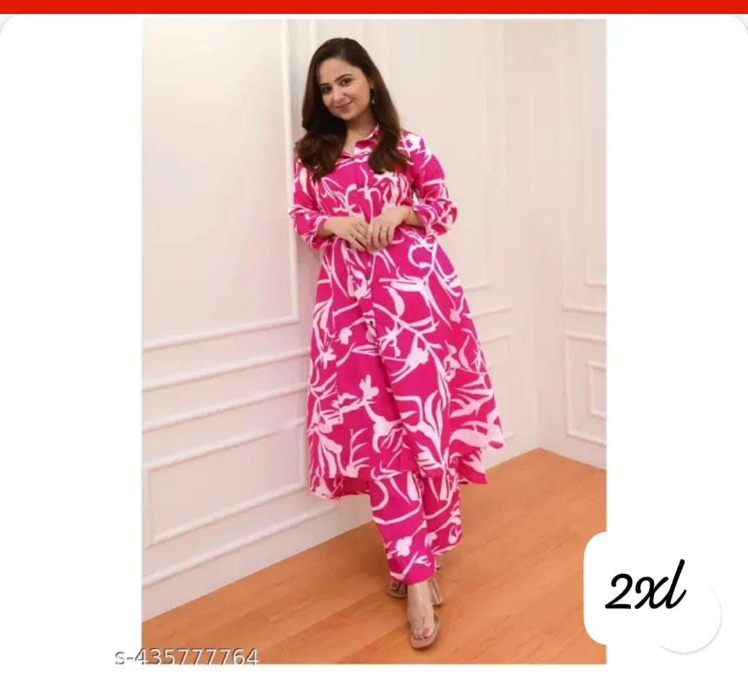 Pink and White Floral Kurta Set - 2XL