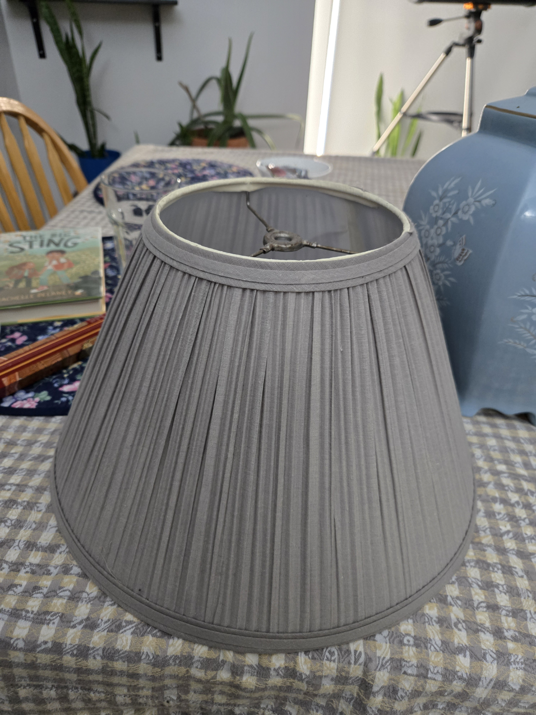 Vintage Blue Floral Table Lamp with Grey Lampshade