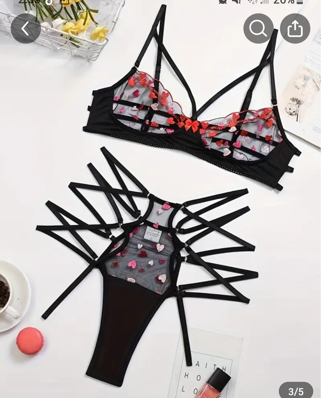 Black and Red Lace Bralette and G-string Set