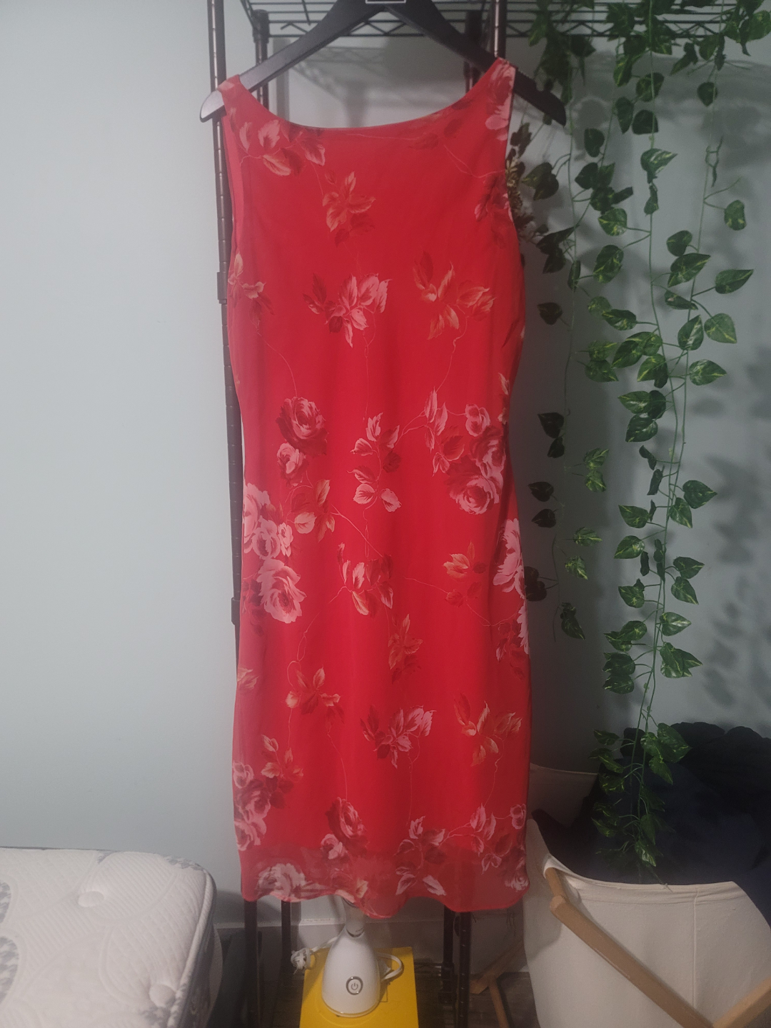 Red Floral Midi Dress with Open Back
