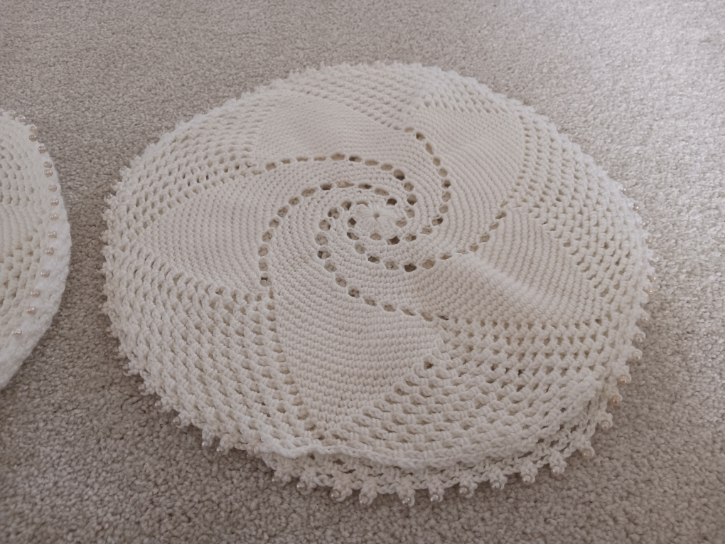 Pair of handmade crocheted doilies with pearl accents - photo 2