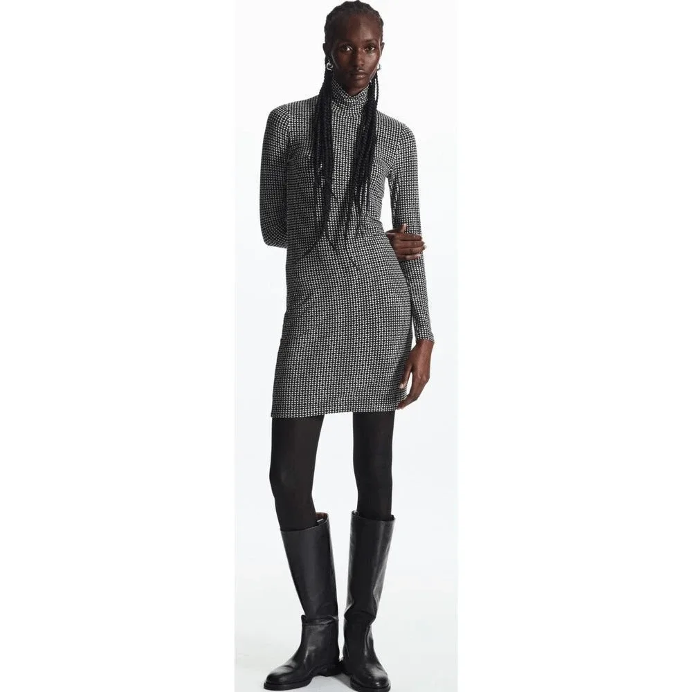 Black and White Geometric Pattern Mock Neck Mini Dress thumbnail