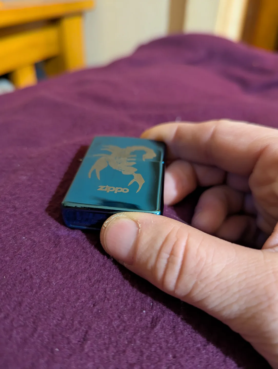 Blue Zippo Lighter with Scorpion Engraving thumbnail