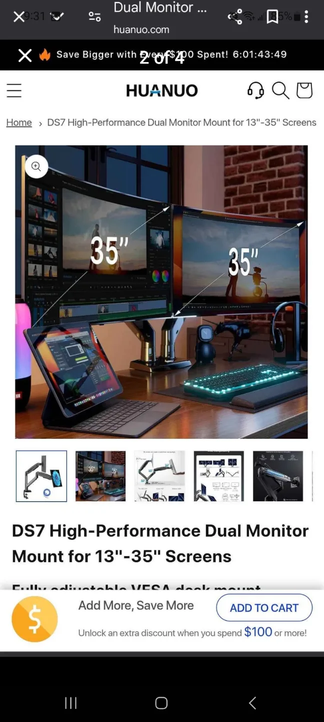 HUANUO HNDS7 Dual Monitor Desk Mount for 13"-35" brand new image indicator(2)