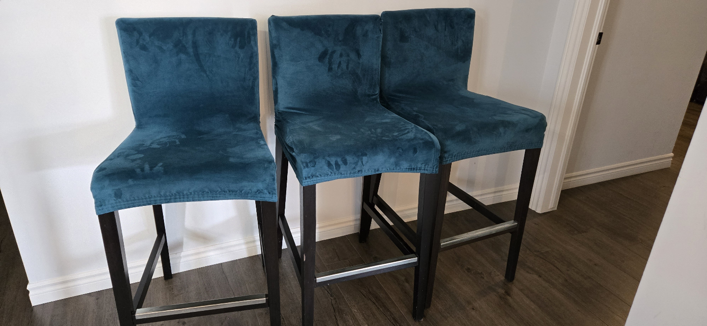 Ikea Three Teal Velvet Bar Stools with removable Covers