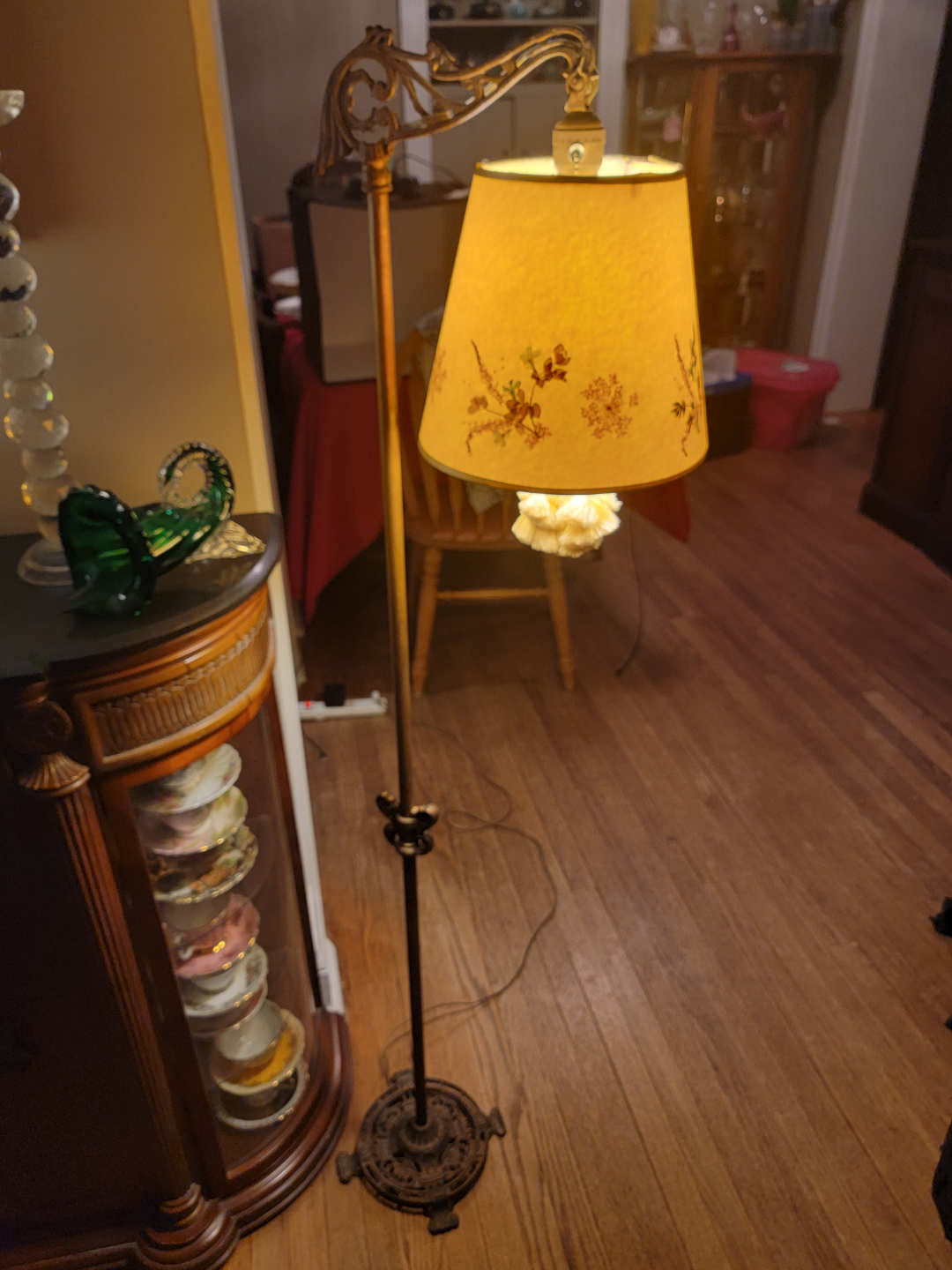Antique brass  bridgeLamp with Floral paper Shade