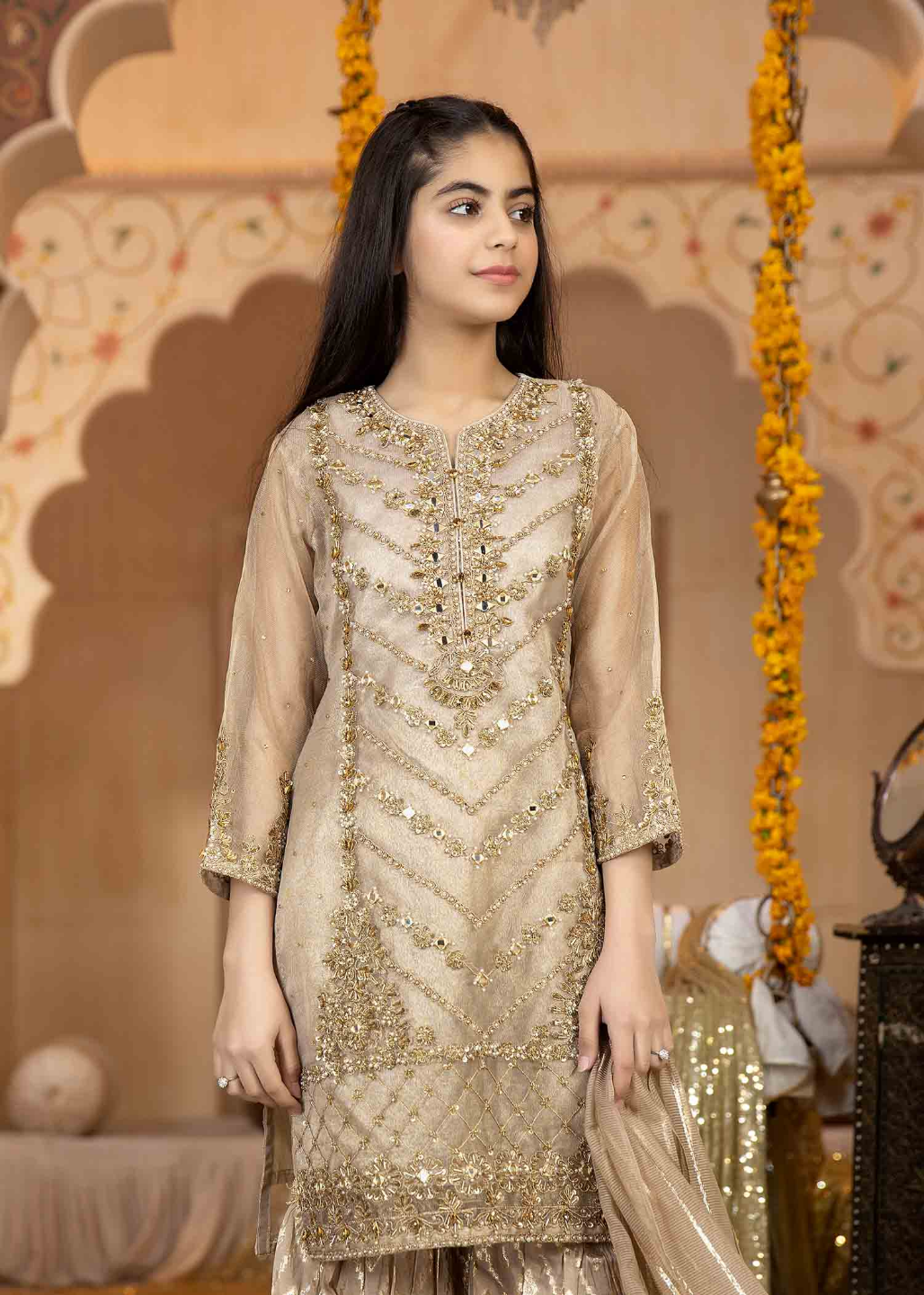 Girls' Gold Embroidered Three-Piece garara outfit
