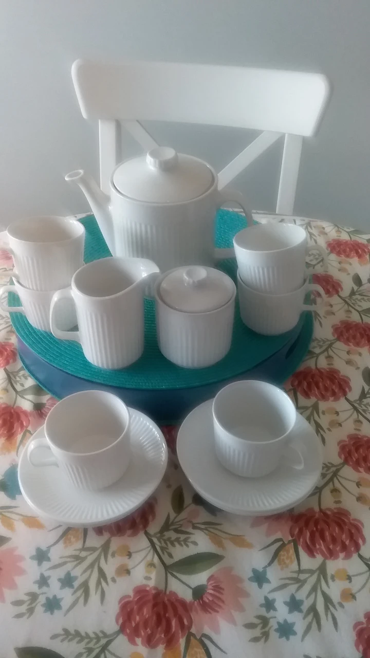 Vintage White Tea Set with Teapot, Creamer, and Sugar Bowl