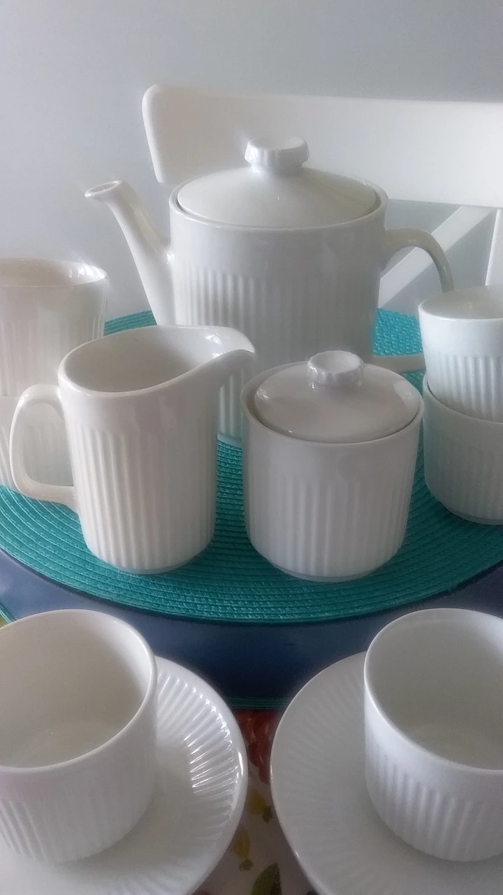 Vintage White Tea Set with Teapot, Creamer, and Sugar Bowl - photo 3