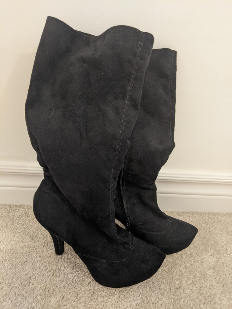 Black Suede Knee-High Boots with Kitten Heels