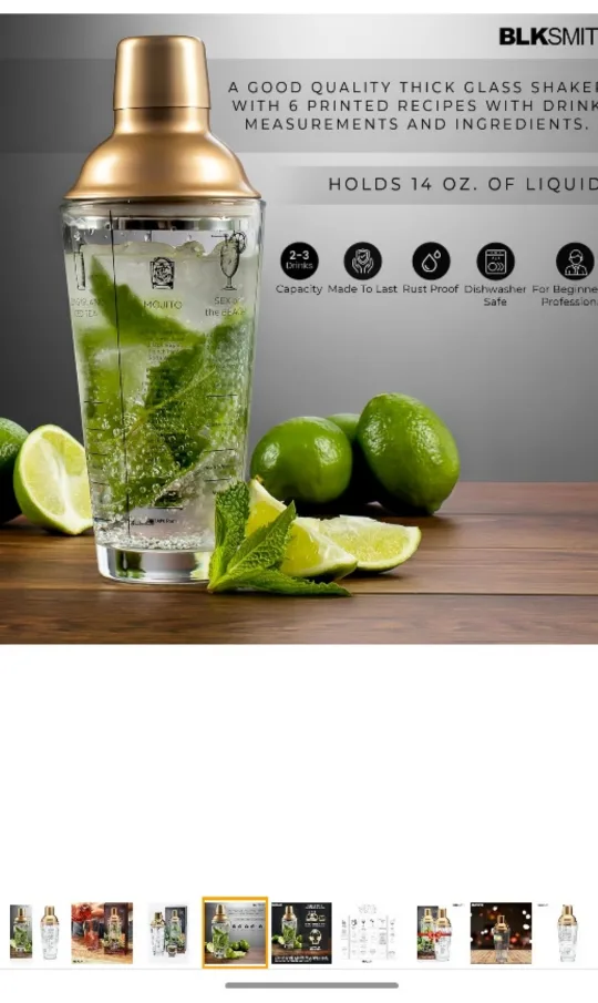 (NEW)BLKSMITH  Glass Cocktail Shaker with Gold Lid & Recipes image indicator(4)
