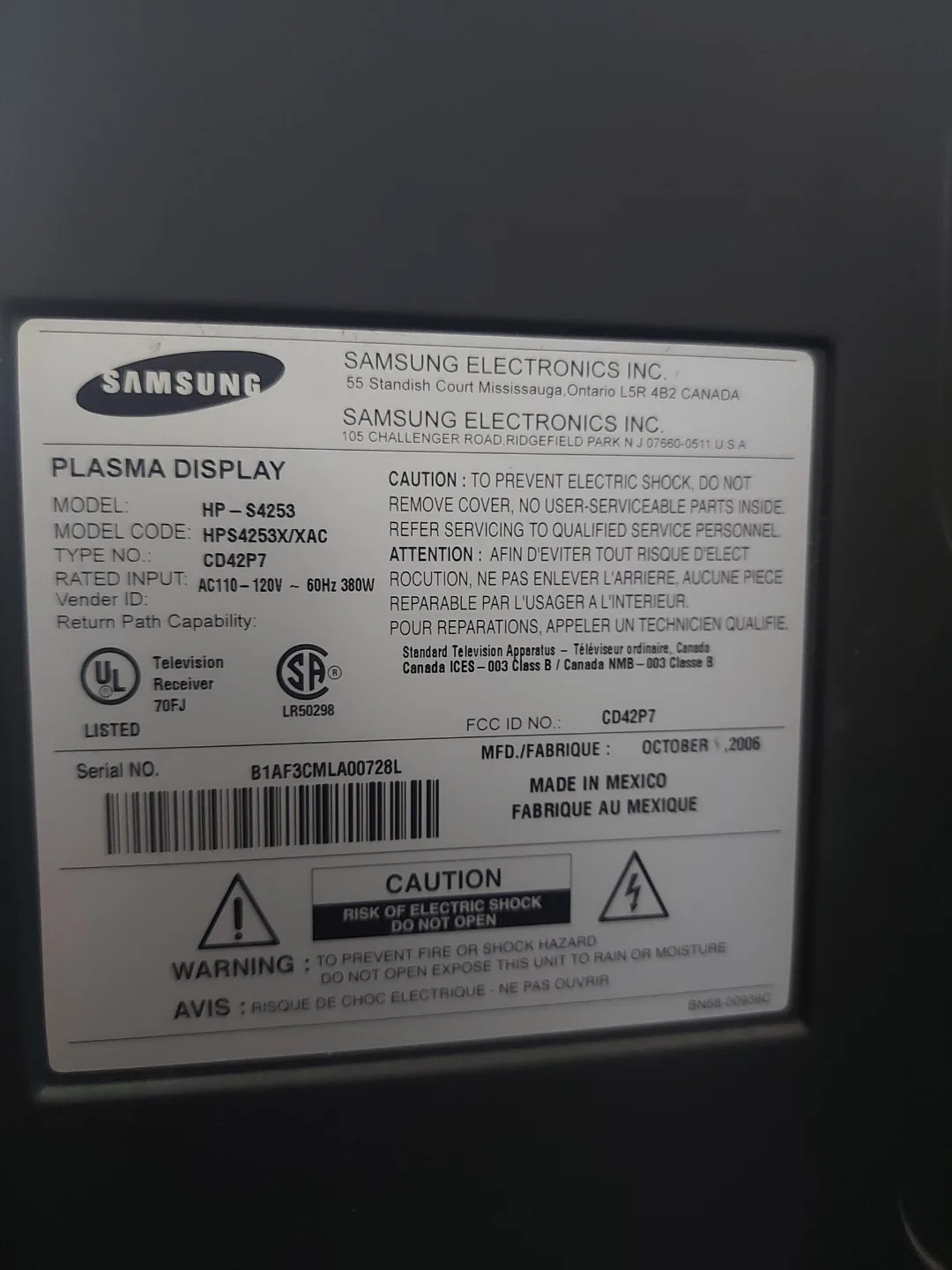 Samsung 50 inch Plasma TV image indicator(2)