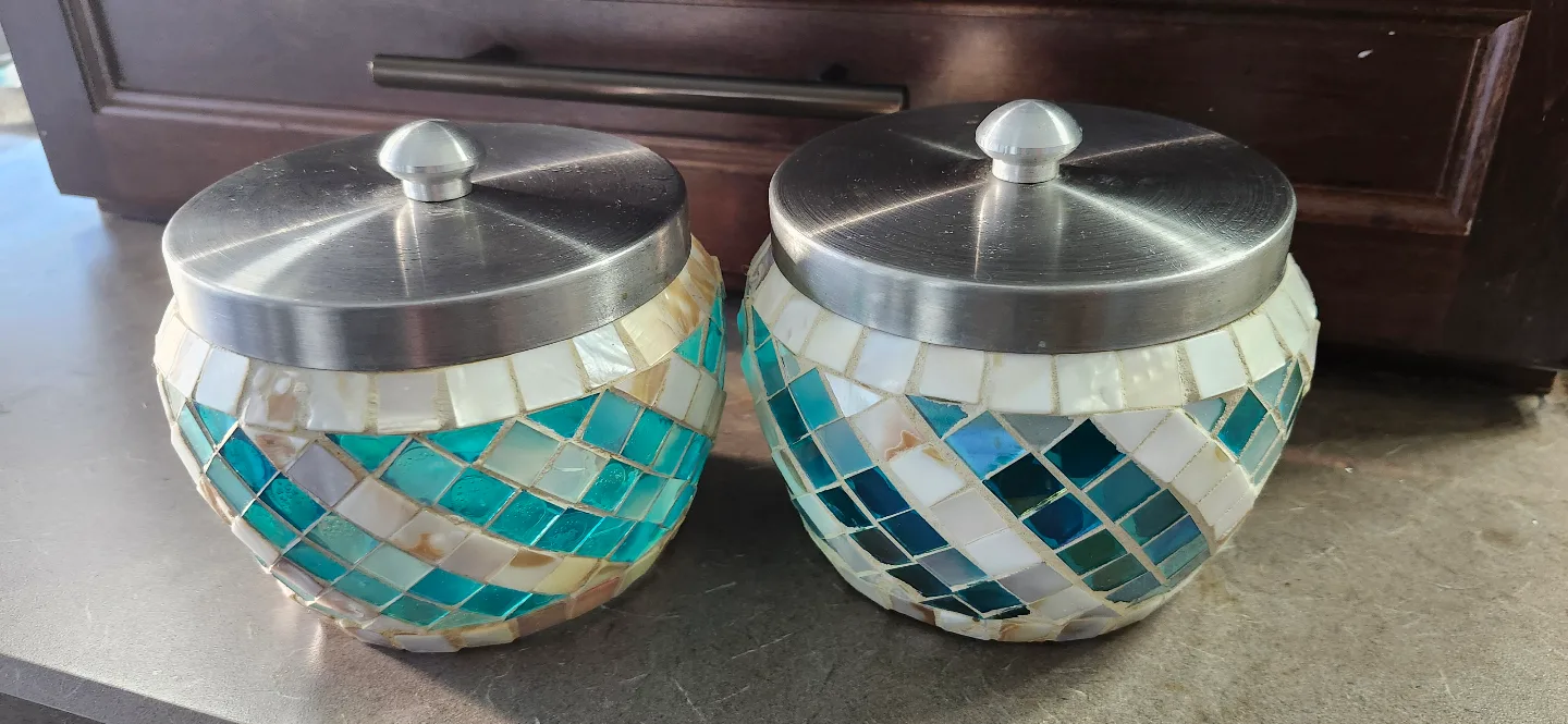 Set of Two Mosaic Glass Jars with Metal Lids thumbnail