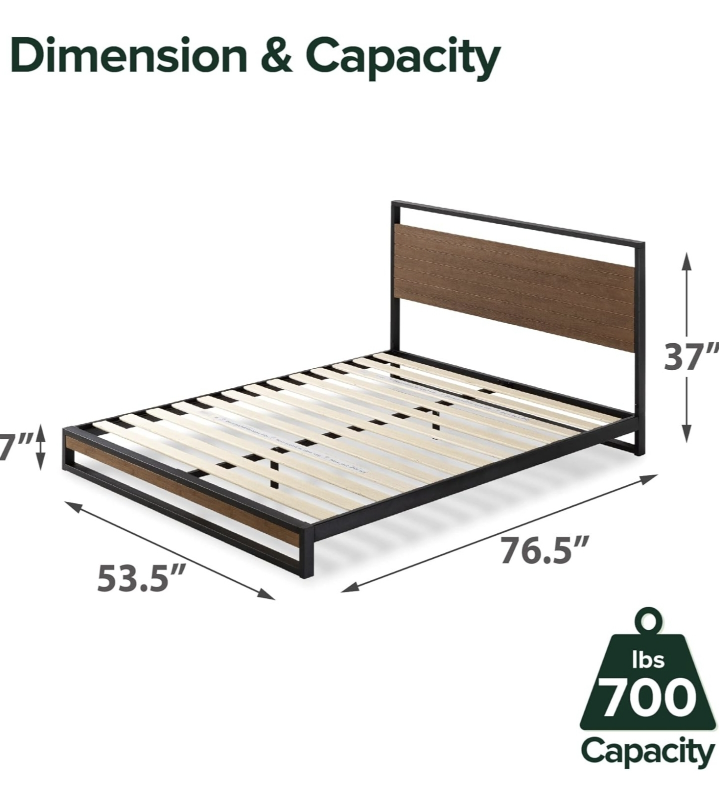 Queen Size Metal Platform Bed Frame with Wooden Headboard