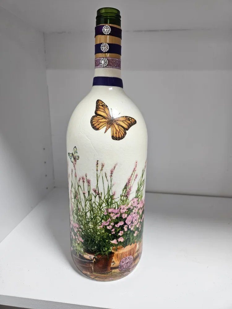 Upcycled Wine Bottle Decor Lavender & Butterflies thumbnail