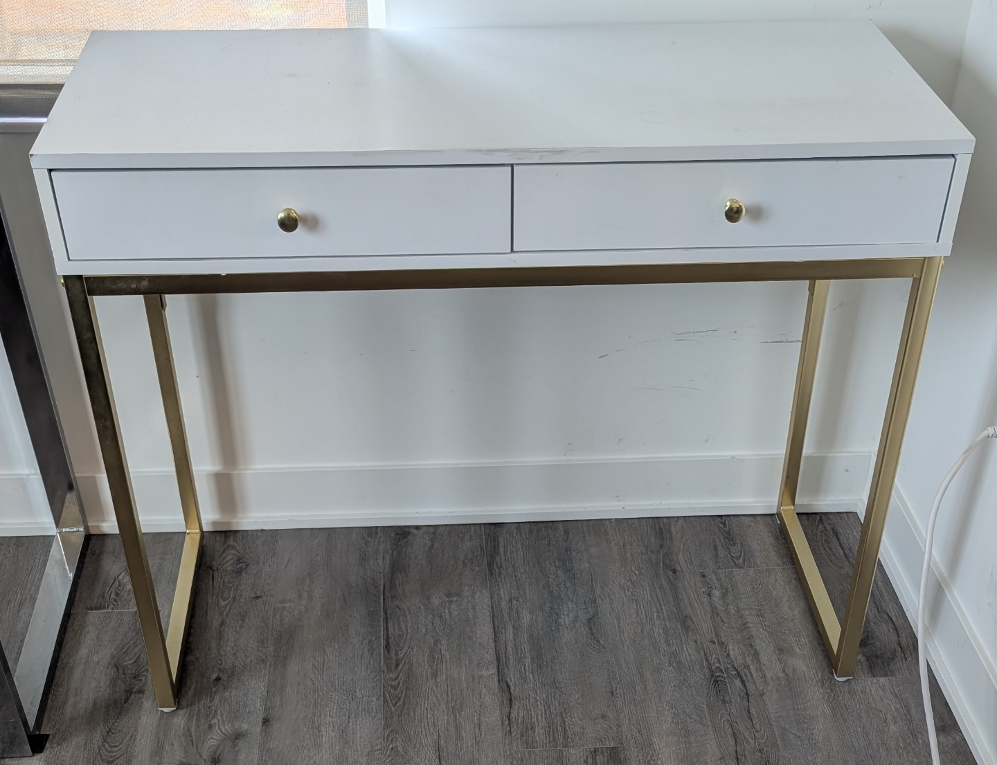 White Desk with Gold Legs and Two Drawers