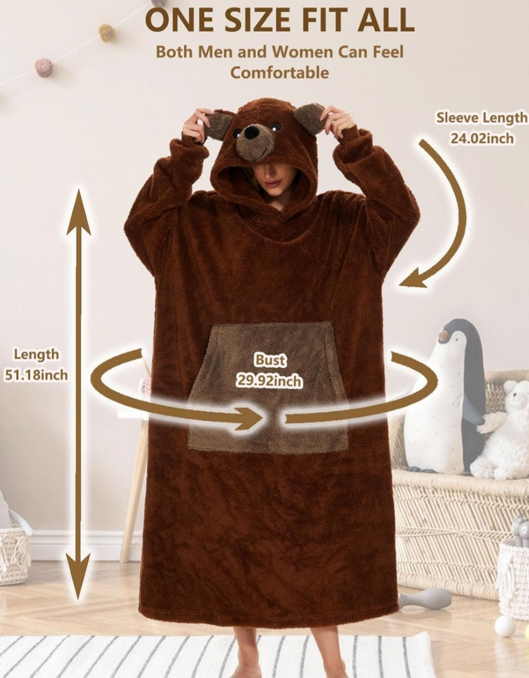 Brown Bear Hooded Blanket Sweatshirt, One Size Fits All - photo 2