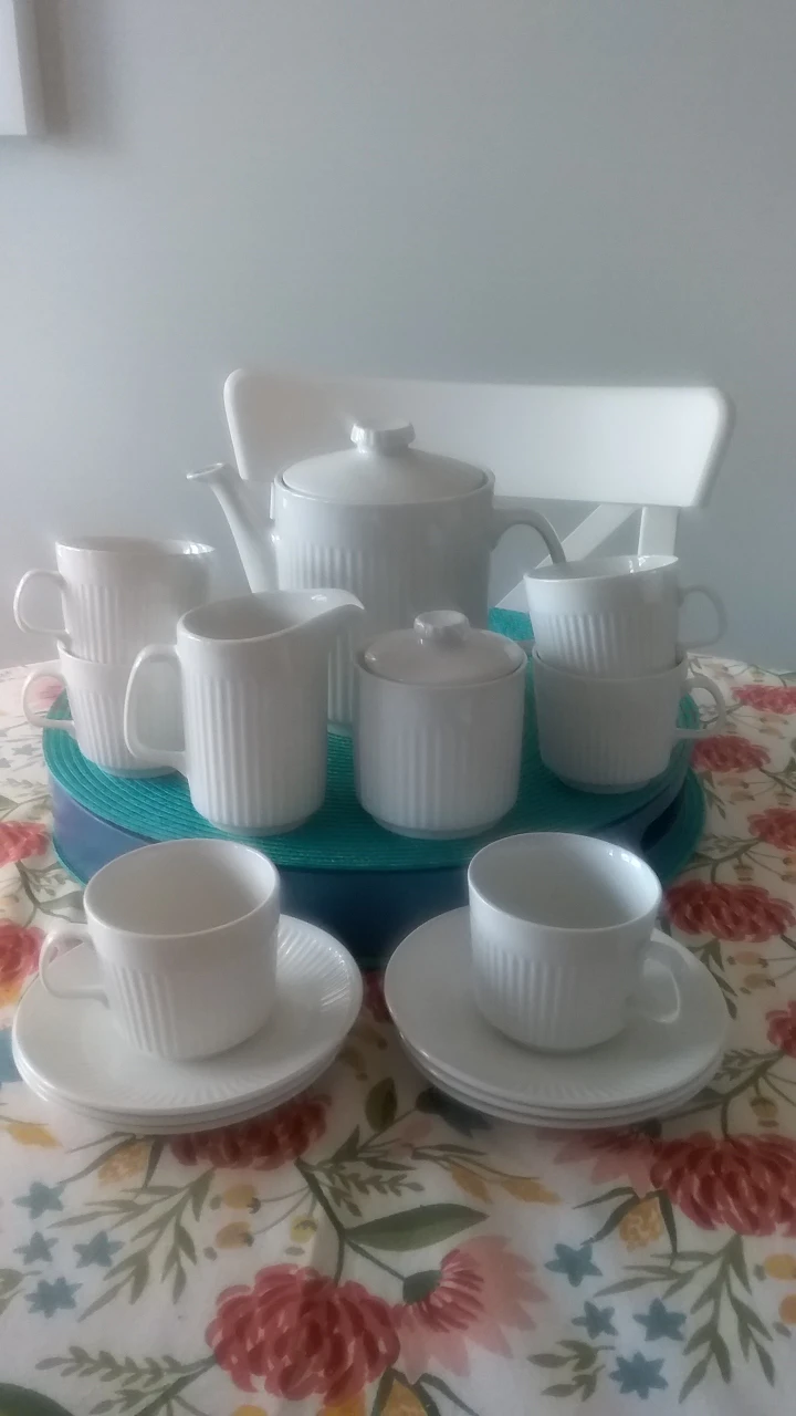 Vintage White Tea Set with Teapot, Creamer, and Sugar Bowl - photo 2