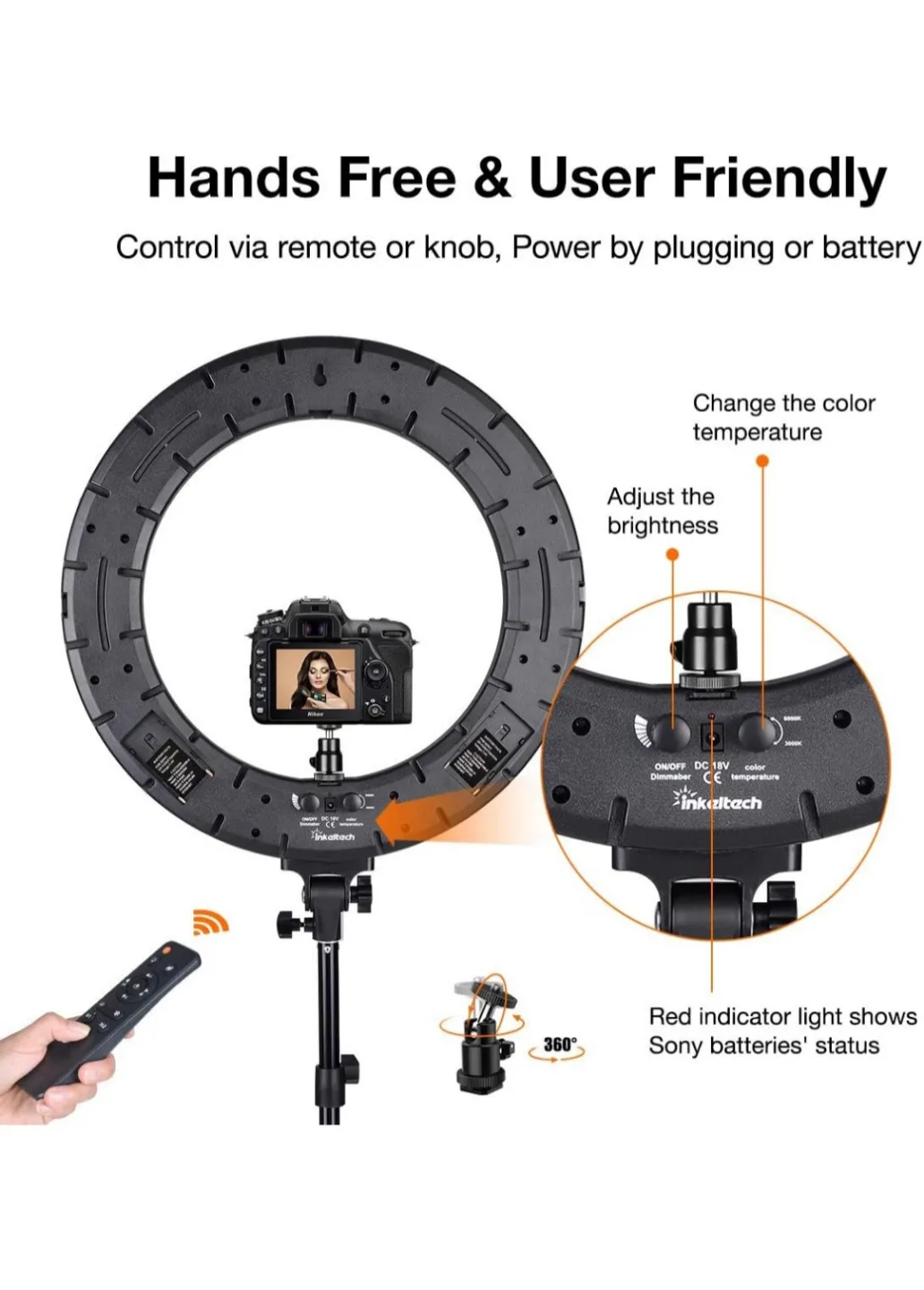 INKELTECH 18-inch 60W Dimmable LED Ring Light Kit with Stand image indicator(3)