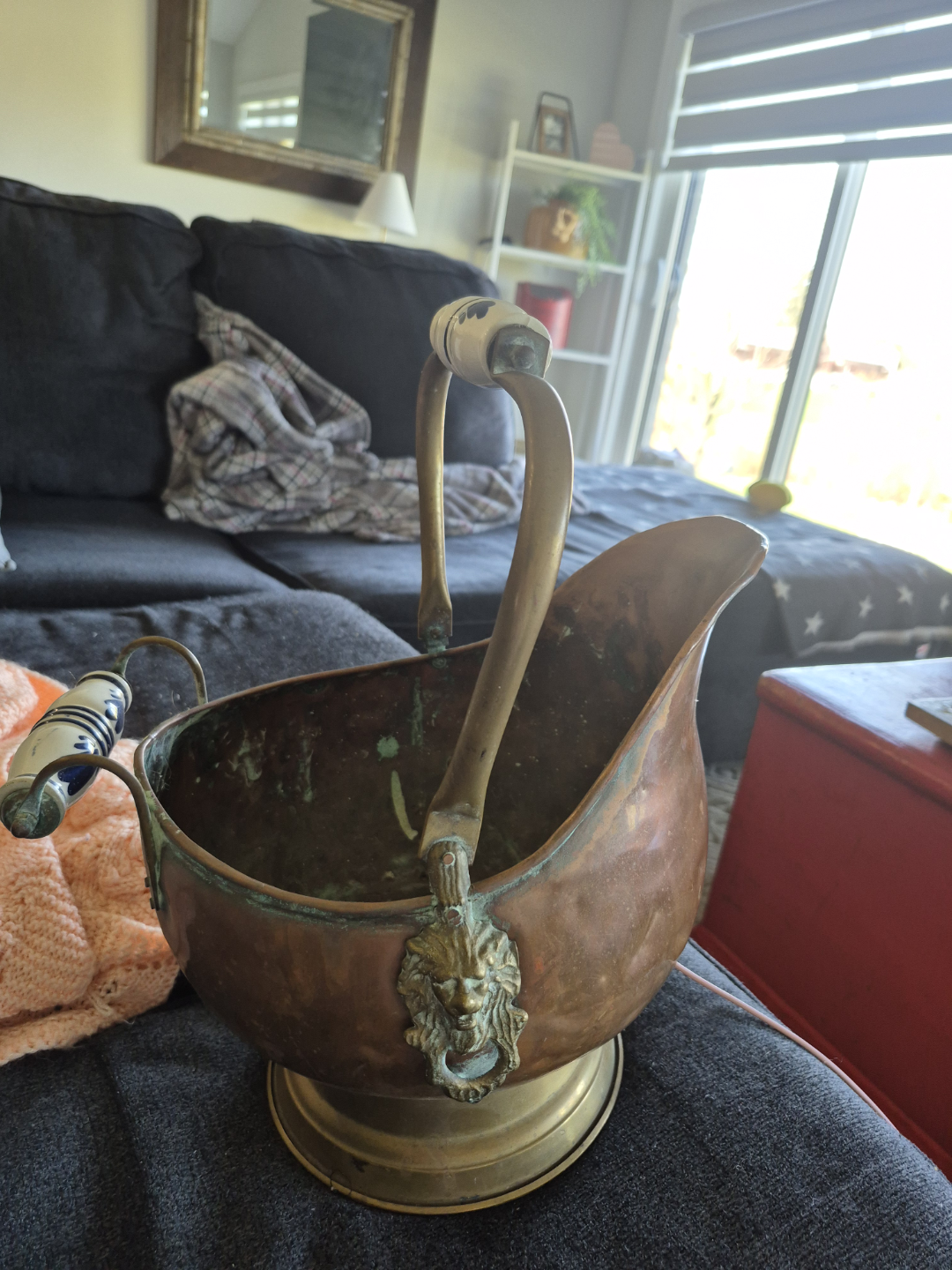 Antique Copper Coal Hod with Brass and Porcelain Accents