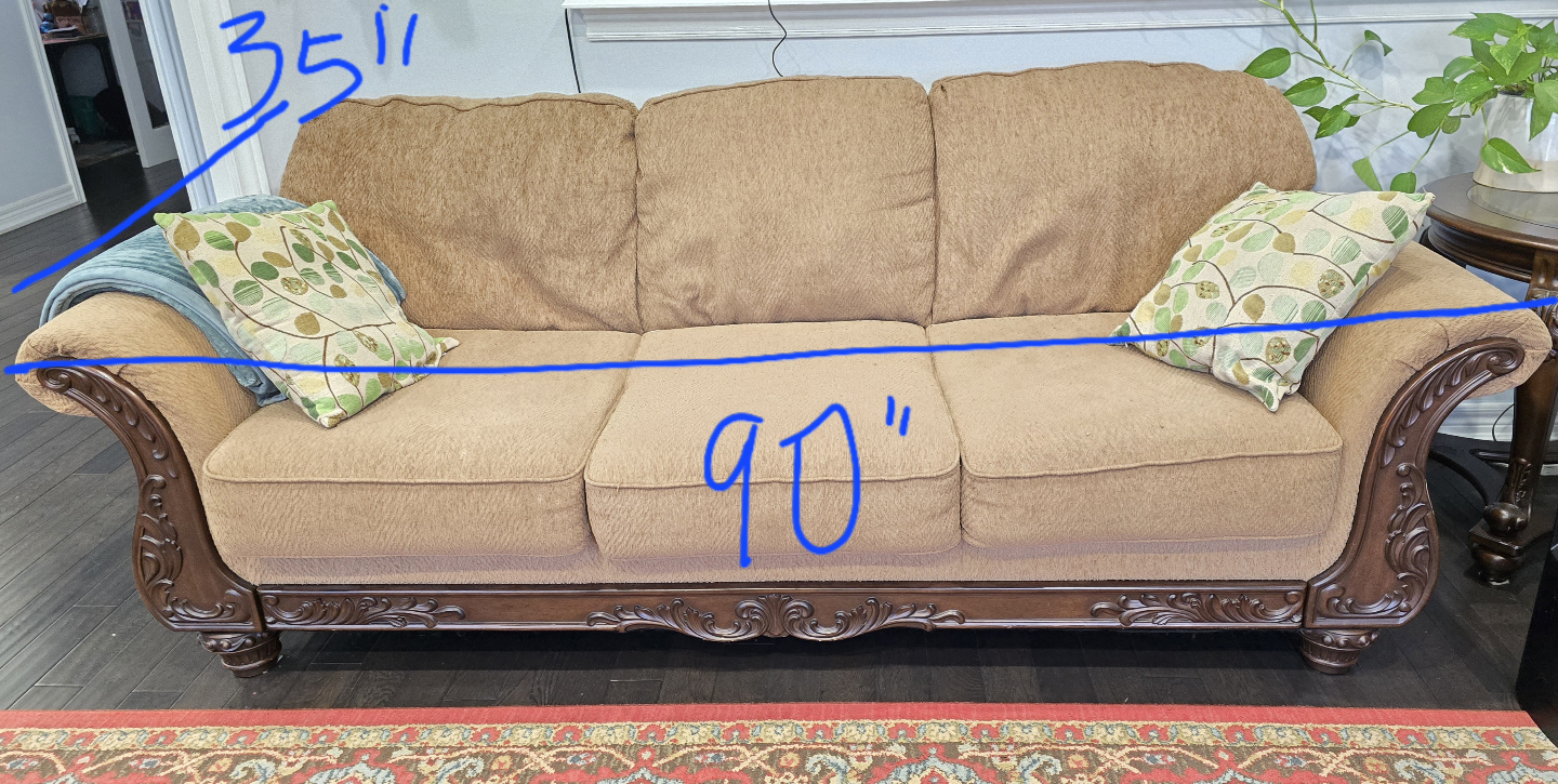 90" Brown Sofa with Carved Wood Frame