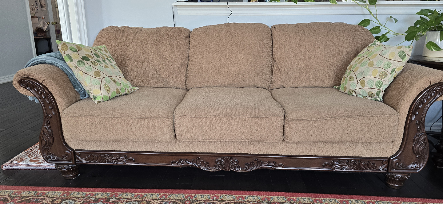 90" Brown Sofa with Carved Wood Frame - photo 2