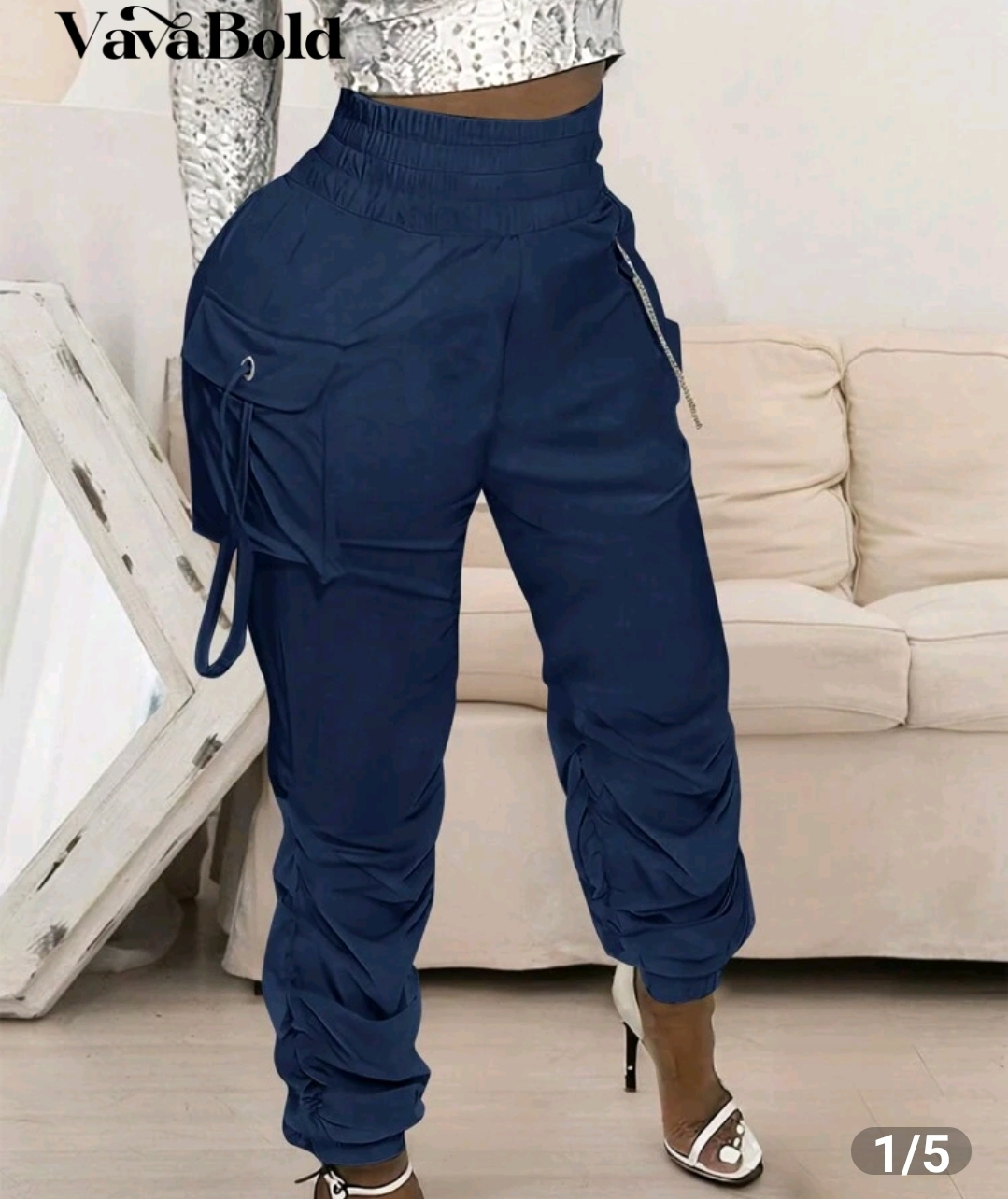 Women's Navy Blue Paper Bag Waist Cargo Pants