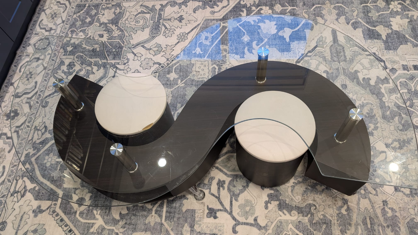 Unique S-Shaped Coffee Table with Two Stools