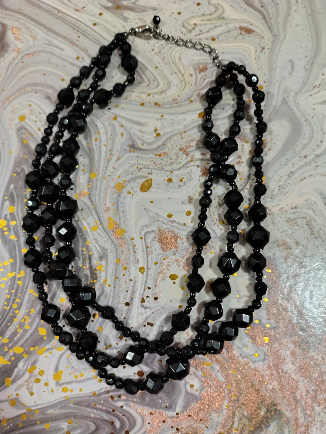 Three-Strand Black Beaded Necklace thumbnail