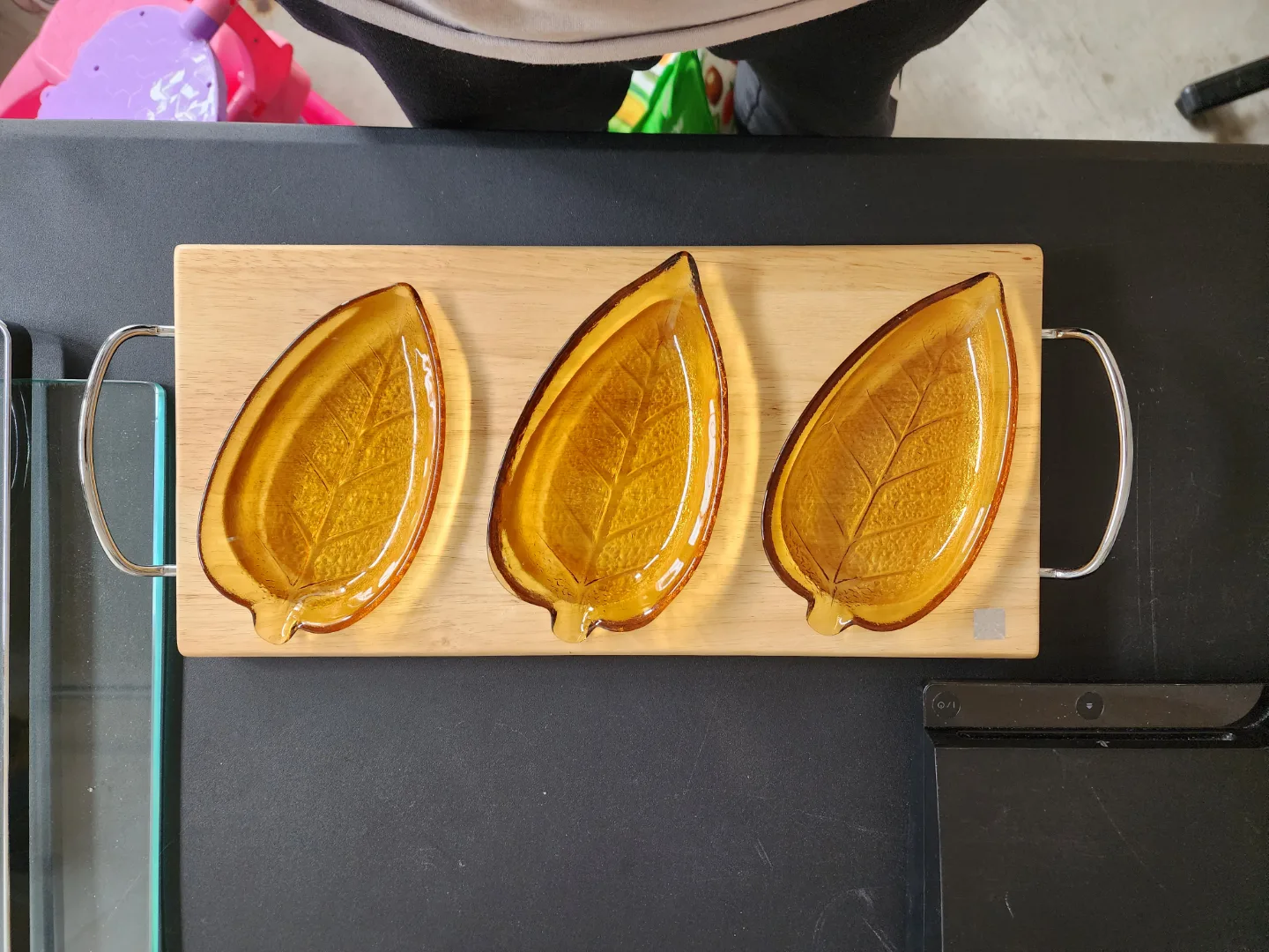 Set of Three Amber Glass Leaf Dishes with Wooden Serving Tray thumbnail