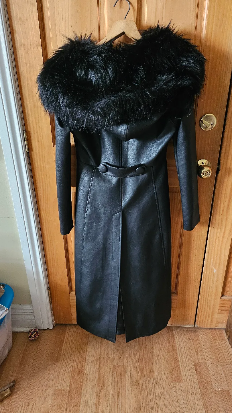 Black Faux Leather Elvira Coat With Faux Fur Collar and Hood image indicator(2)
