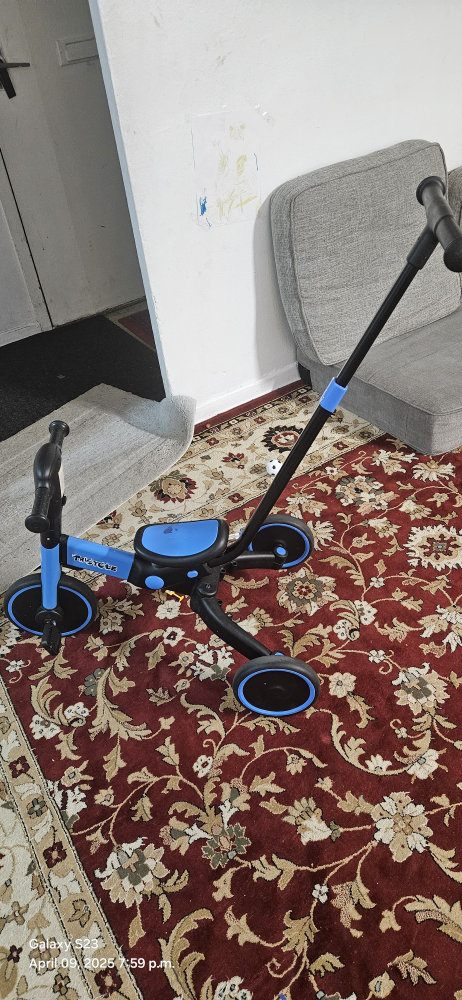 Kids' Tricycle with Push Handle - Blue and Black - photo 3