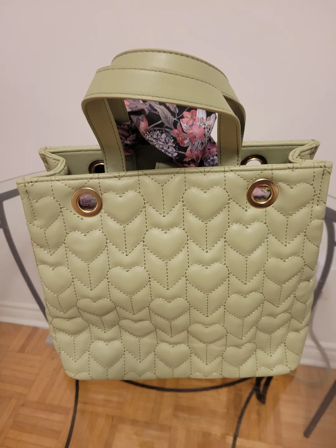 Cute Sage Green Quilted Heart Tote Bag image indicator(2)