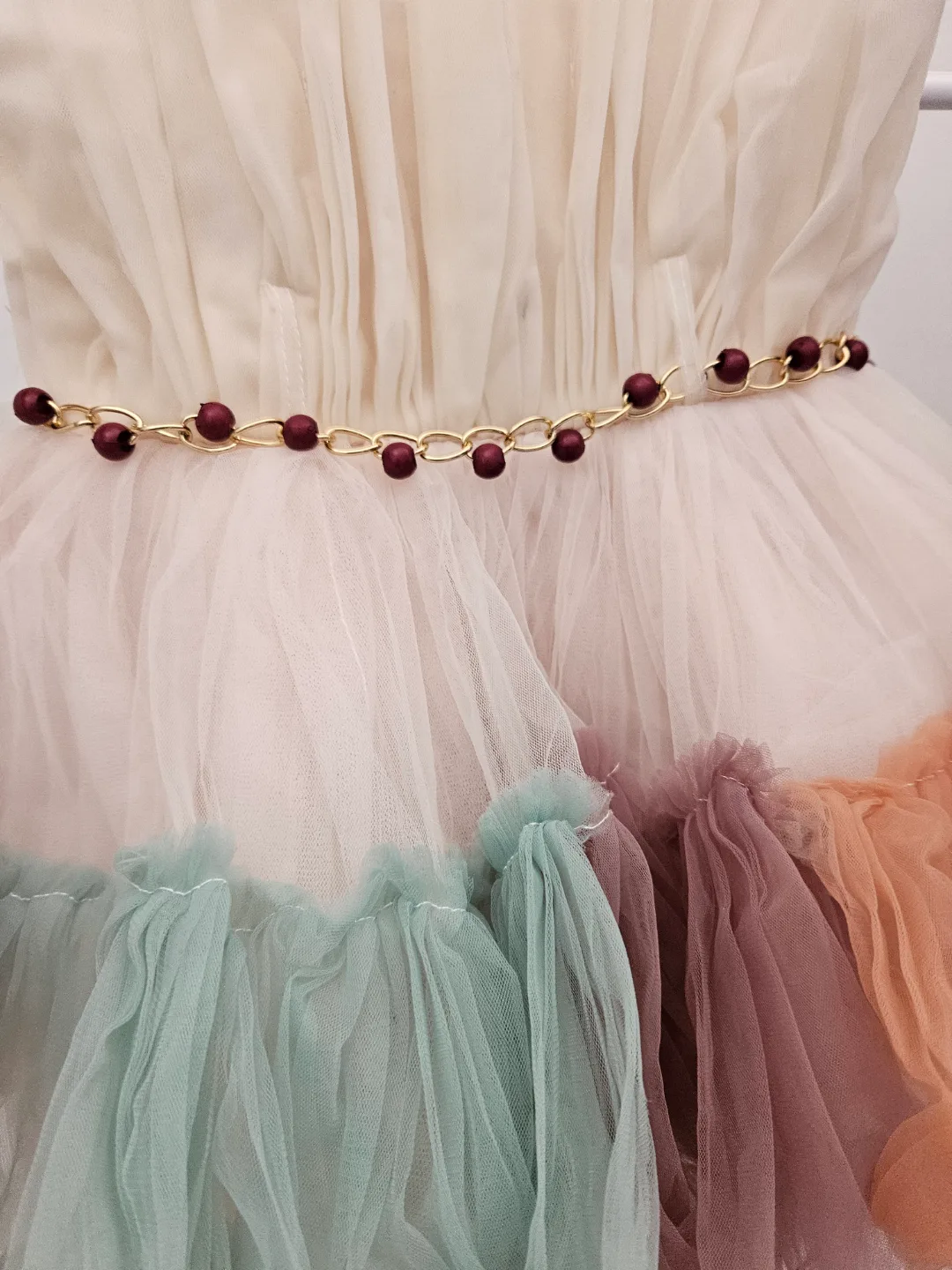 Adorable Multicolored Tulle Girl's Dress with Beaded Belt image indicator(4)
