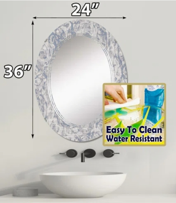 Oval Wall Mirror with Floral Design - 24x36 Inches