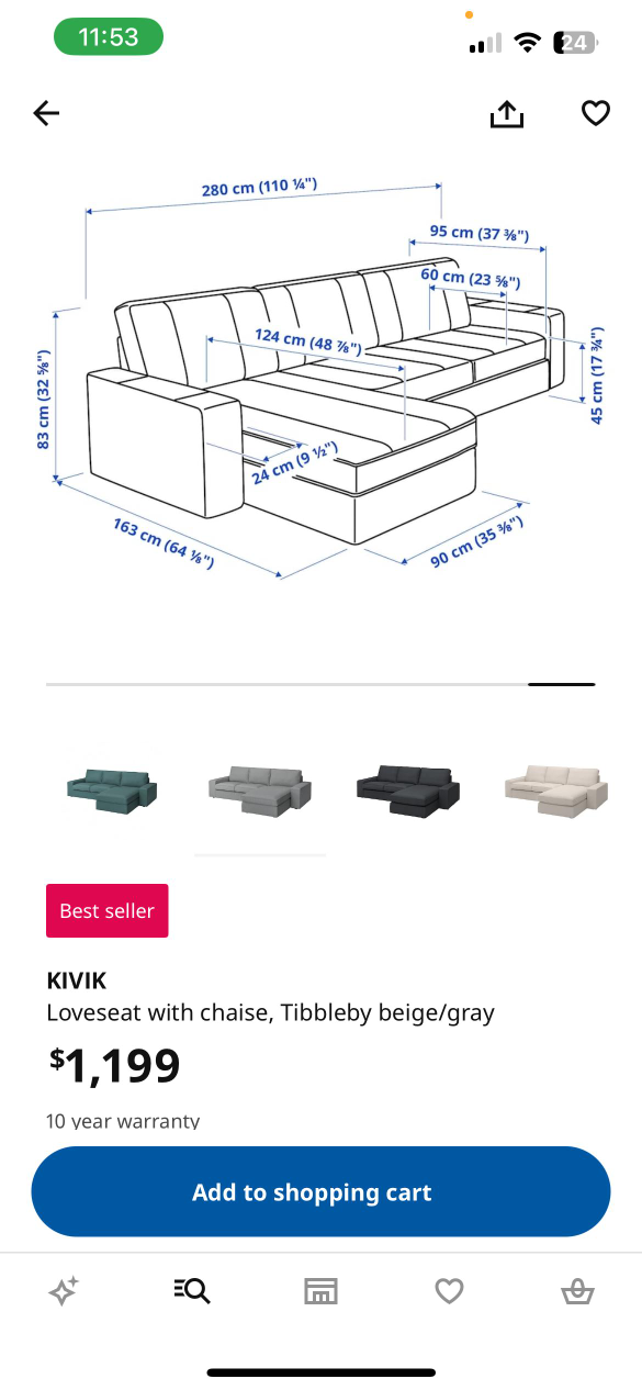 IKEA KIVIK Loveseat with Chaise - Grey - photo 3