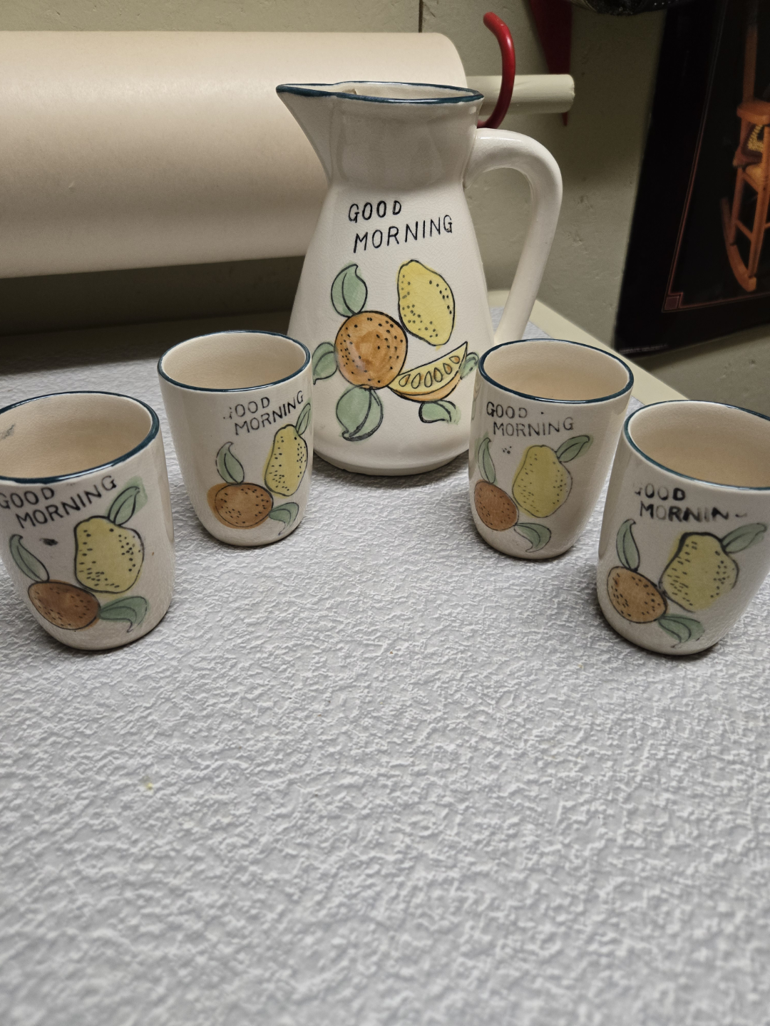Vintage Ceramic Good Morning Pitcher and Cups