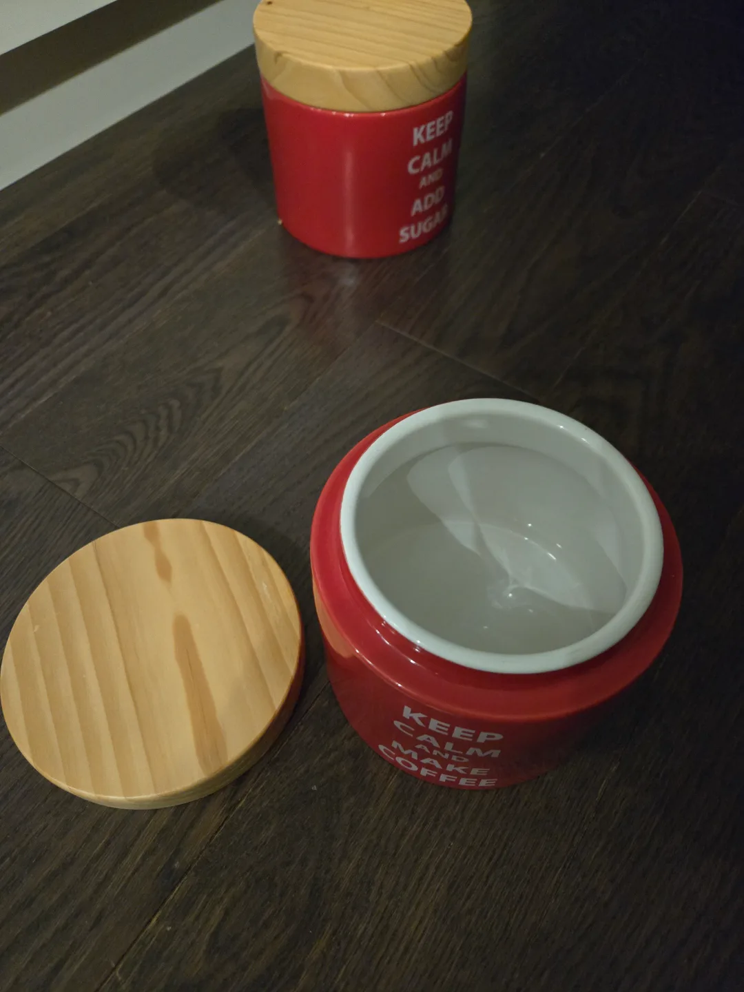 Red Ceramic Coffee & Sugar Canisters with Wooden Lids image indicator(2)