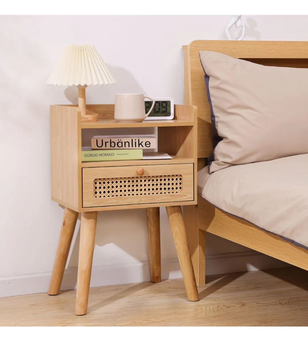 Modern Rattan Nightstand with Drawer and Shelf
