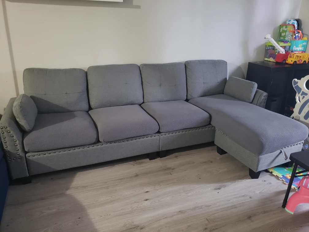 Grey Fabric Sectional Sofa with Chaise Lounge