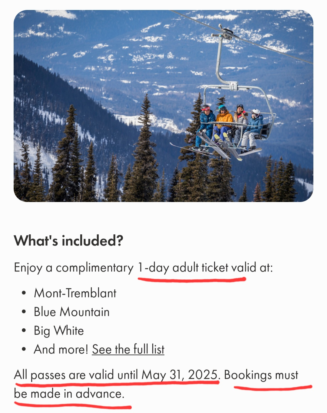 💚One platinum Canadian Lift skii pass 1-day adult ticket - photo 3