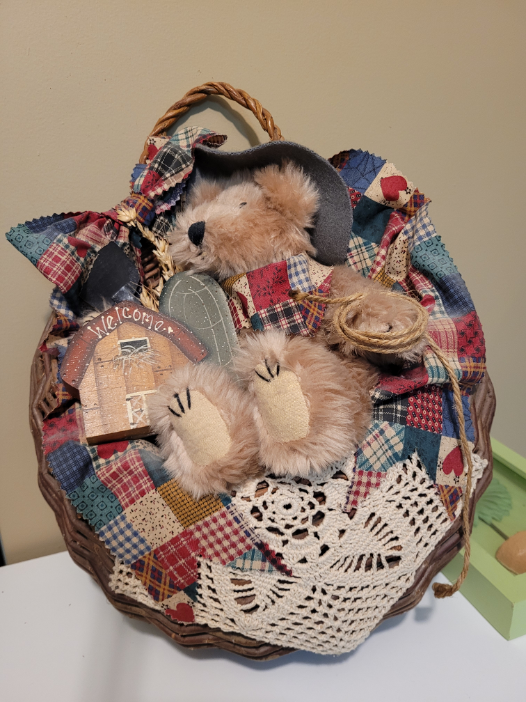 Adorable Stuffed Bear in Patchwork Basket