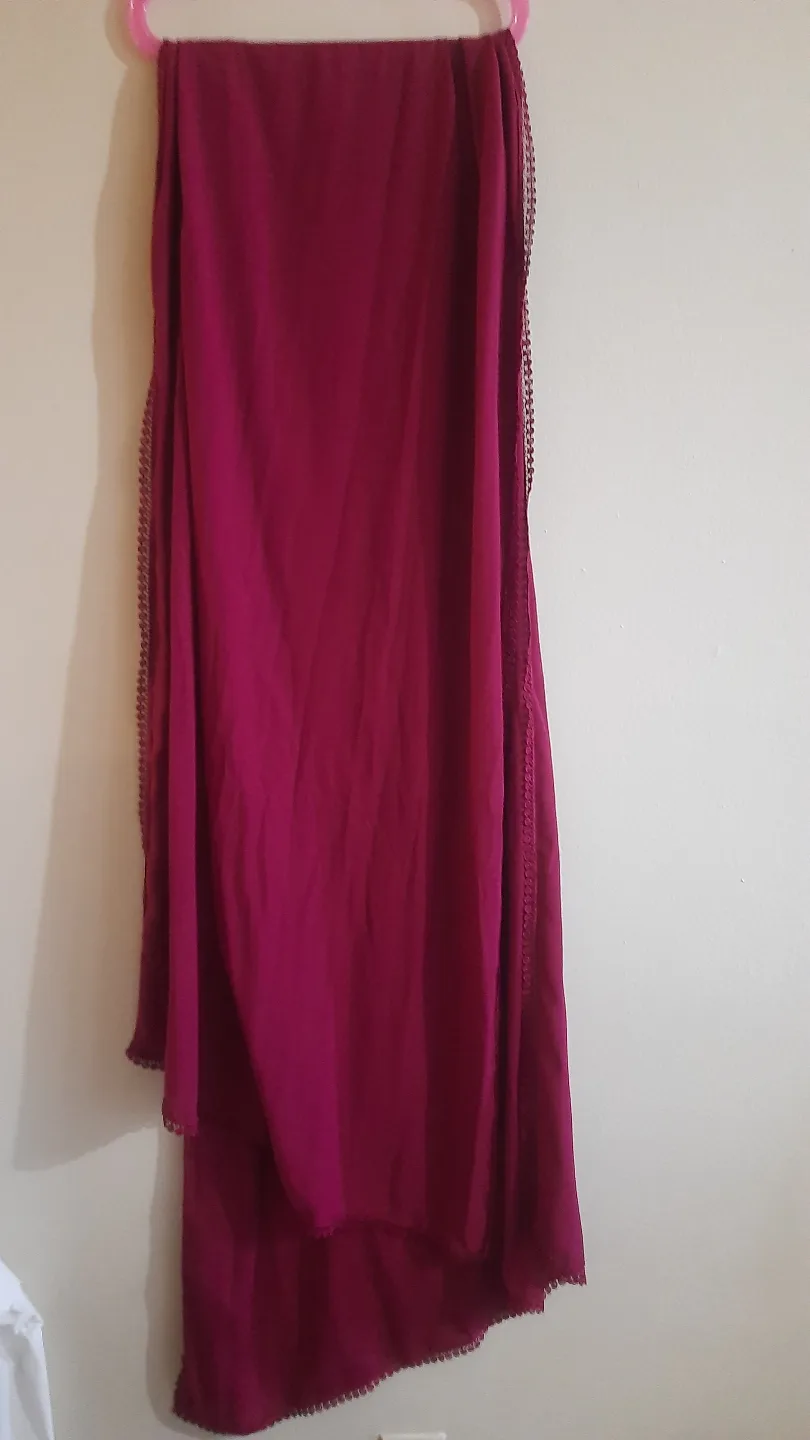 Crimson Red Long Scarf with Scalloped Trim thumbnail