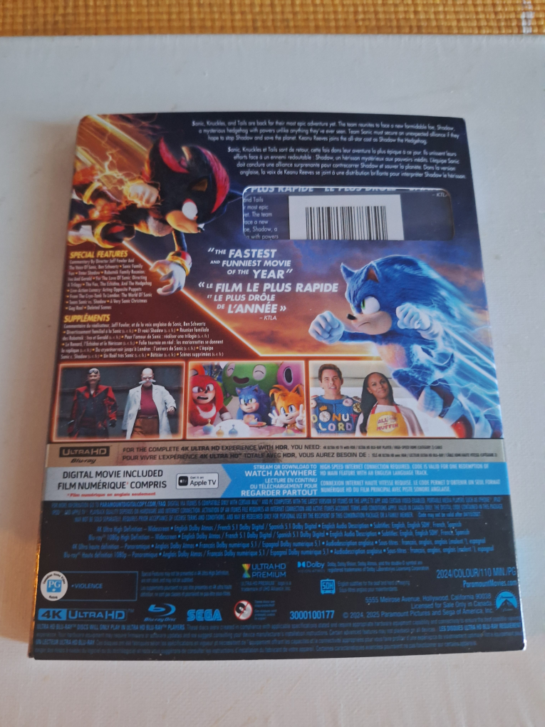 Sonic The Hedgehog 3 [4K + Blu-Ray + Digital Copy] New Sealed - photo 2